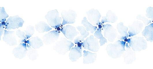 Fototapeta na wymiar Softness floral seamless border. Light Blue watercolor flowers on white background. Vintage design element.