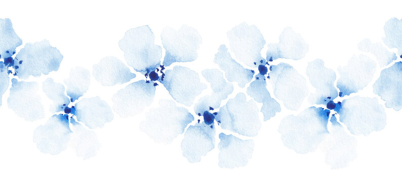 Softness floral seamless border. Light Blue watercolor flowers on white background. Vintage design element.