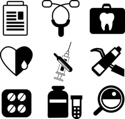 Medicine vector icons set. Doctors tools for health care. Medic first help, hospital tools icons. Vector helthcare icons set. Heart, doctor, tooth icon, medicine, pills, health and medical. Health med