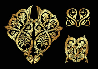 Interlacing abstract ornament in the medieval, romanesque style. Gold element for design. Vector illustration. Isolated on black background.