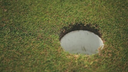 A white golf ball rolls right into hole on a golf course with green grass, close-up. Moment when the white golf ball hits the hole. The moment of playing golf. The exact hit of the ball on target.