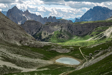 Naklejka na ściany i meble Cengia Lake and dolomite alps landscape, Trentino, Italy, Sud Tyrol