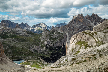 Fototapeta na wymiar Cengia Lake and dolomite alps panorama, Trentino, Italy, Sud Tyrol