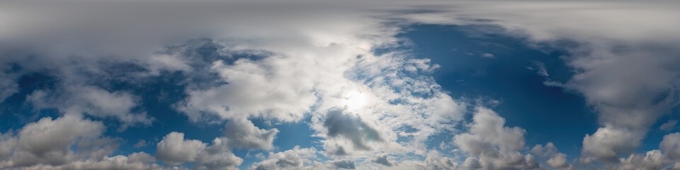 Obraz premium Blue sky panorama with Cirrus clouds in Seamless spherical equirectangular format. Full zenith for use in 3D graphics, game and editing aerial drone 360 degree panoramas for sky replacement.