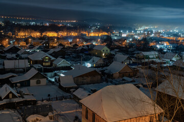 Night village in Siberia winter January