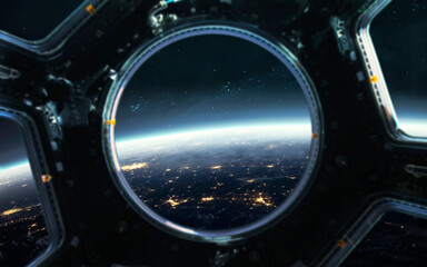 Space station porthole and Earth at night. 5K realistic science fiction art. Elements of image provided by Nasa