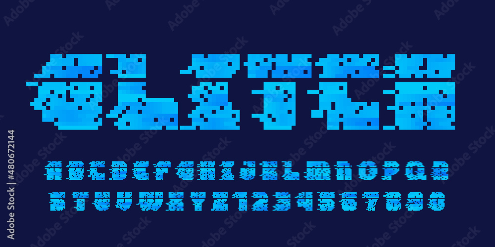 Poster glitch alphabet font. distorted pixel letters and numbers. 80s arcade video game typescript.