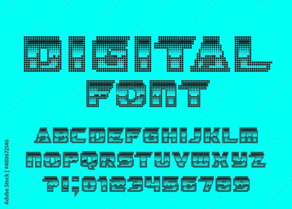 Poster digital alphabet font. pixel letters and numbers. 80s arcade video game typescript.
