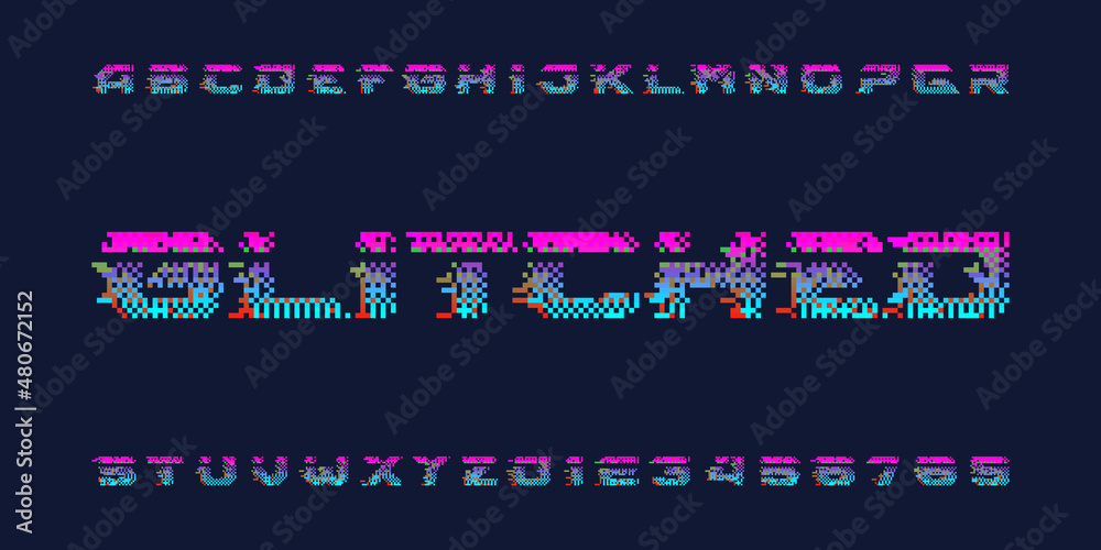 Poster Glitched alphabet font. Distorted pixel letters and numbers. 80s arcade video game typescript.