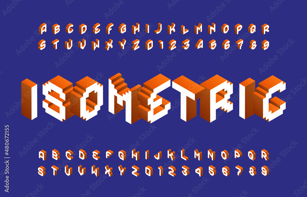 Poster isometric alphabet font. 3d pixel letters and numbers. stock vector typescript for your typography d