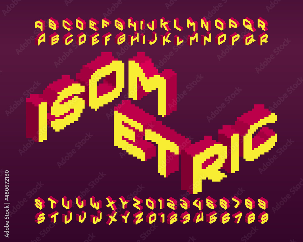 Poster 3d isometric alphabet font. pixel letters and numbers. 80s arcade video game typescript.