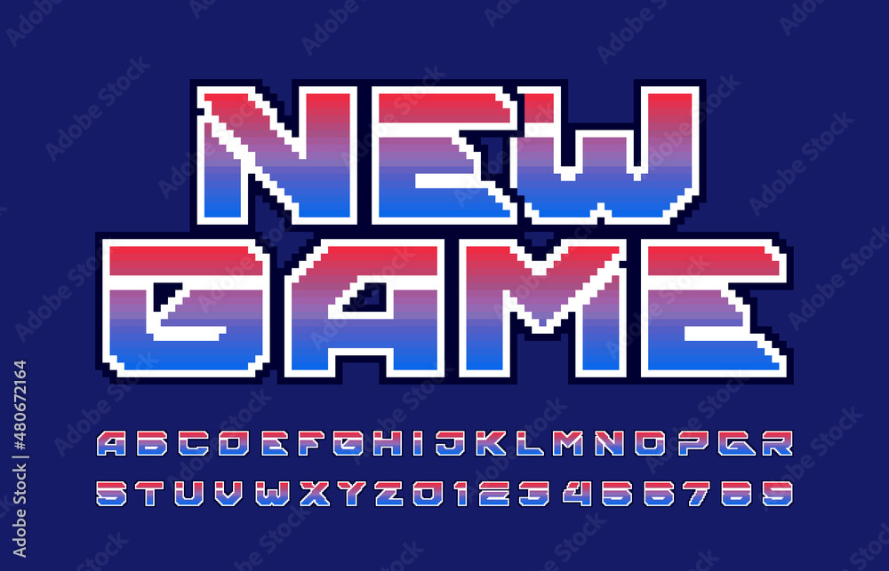 Poster new game alphabet font. futuristic pixel letters and numbers. 80s arcade video game typescript.