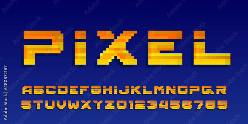 Poster pixel alphabet font. digital letters and numbers. 80s arcade video game typescript.