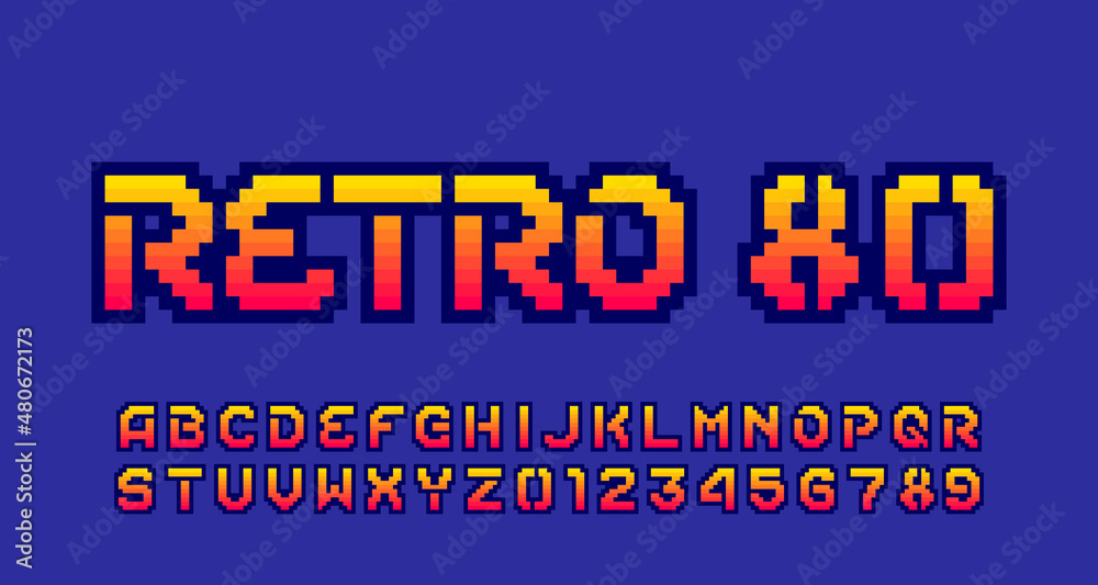 Poster retro 80 alphabet font. pixel letters and numbers. 80s arcade video game typescript.