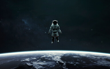 Astronaut at Earth orbit looks in camera. 3D sci-fi art. Elements of image provided by Nasa
