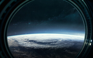 Space station porthole and endless space. 5K realistic science fiction art. Elements of image provided by Nasa