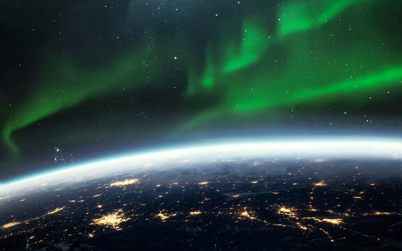 Northern lights from Earth orbit. 5K realistic science fiction art. Elements of image provided by Nasa