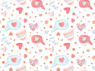 Elements - illustration of sweets, hearts, doodles, letter and message isolated on white background. Watercolor hand drawn Valentine's day seamless pattern with items in flat cartoon style.