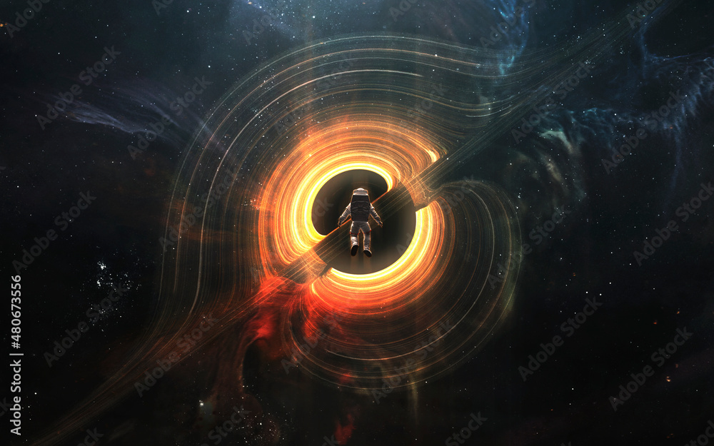 Wall mural astronaut looks at black hole and event horizon. 5k realistic science fiction art. elements of image