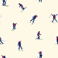 Winter seamless pattern with skiers and snowboarders skiing downhill vector print