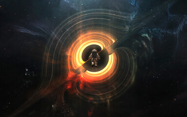 Astronaut looks at black hole and event horizon. 5K realistic science fiction art. Elements of image provided by Nasa