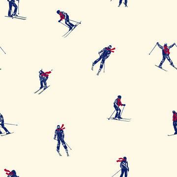 Winter seamless pattern with skiers and snowboarders skiing downhill vector print