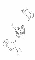 Fototapeta premium continuous drawing of a hand near a man's ear, the concept of psychology. Clown, smile, fun, holiday
