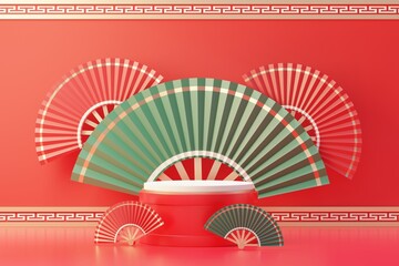 3d rendering of minimal scene of blank podium with Chinese lunar new year theme. Display stand for product presentation mock up. Chinese traditional texture.