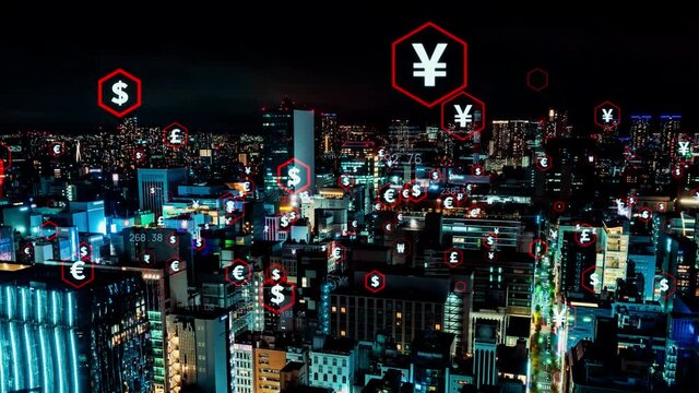 Modern city and currency concept. Financial technology.