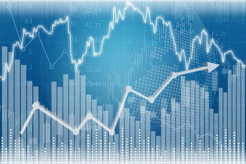 Creative finance graph on blue background with columns, lines, bar, arrow, numbers, globe map. Financial market and invest concept