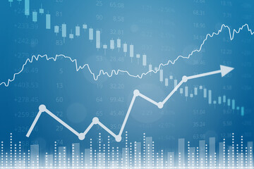 Creative finance graph on blue background with columns, lines, candlesticks, arrow, numbers. Financial market and invest concept. 3D render