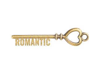 Bronze vintage antique keys with word Romantic isolated on white background