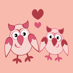 two owls in love with hearts. Cartoon birds. Pastiche. Children drawing
