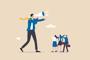 Dominant leader, bossy manager using authority power to order and control employee to work, contrast and conflict management concept, giant businessman manager using megaphone to order employee. - obrazy, fototapety, plakaty