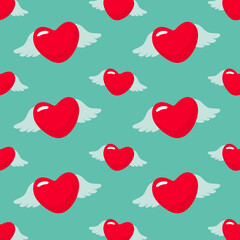 Vector seamless pattern with hearts with wings for Valentine's day and other users. For greeting card, posters, banners, books, printing on the pack, printing on clothes, wallpaper.