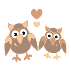 two owls in love with hearts. Cartoon birds. Pastiche. Children drawing