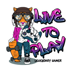 Tiger Mascot legendary gamer, skateboarding, video gamer, graffiti vector art print
