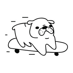 Outline icon. Bulldog on skateboard. Hand drawn illustration on white background.