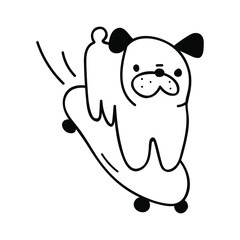 Outline illustration. Pug ride on skateboard. Vector hand drawn icon.