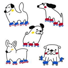 Collection of outline icons of dogs on roller skates. Illustrations on white background.