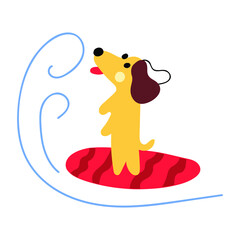 Dachshund rides on surfboard. Funny illustration on white background. 