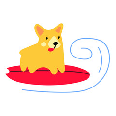 Corgi stand on surfboard. Vector illustration on white background. 