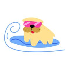 Bulldog wearing sunglasses stand on surfboard. Illustration on white background. 