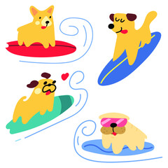 Collection of funny dogs on surfboards. Vector illustrations on white background.