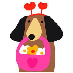 Dachshund with basket of flowers. Illustration for Valentine's day. Hand drawn vector graphic design.