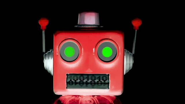 little red robot head talking in code loop 