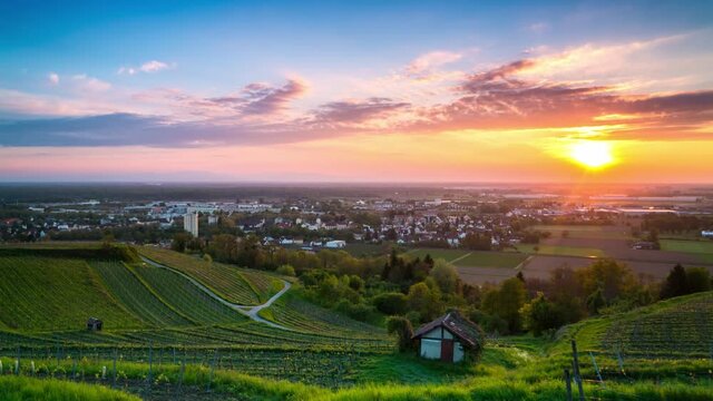 Time-lapse of the city of Lahr and nearby vineyard at sunset in Germany