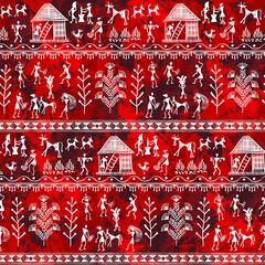 Warli Art painting seamless pattern - hand drawn traditional the ancient tribal art India. In the style of Indian kitsch matched by a rudimentary technique depicting rural life of the inhabitants 