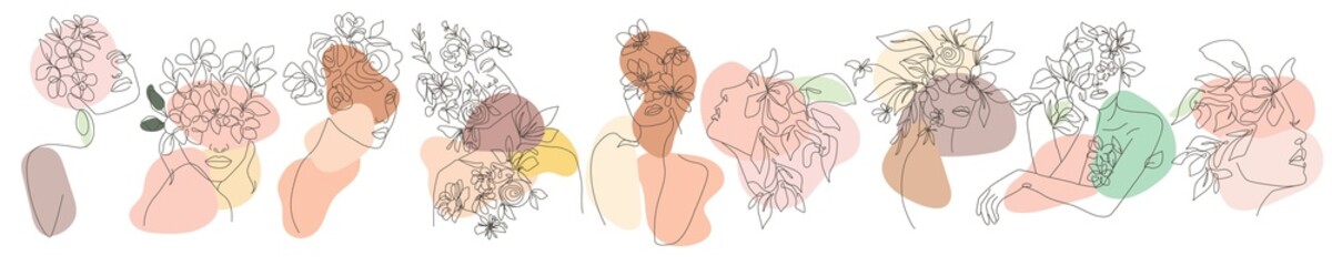Set of Continuous Line Art of Woman Face and Flowers and Leaves. Abstract Minimalist Line Drawing with Floral Elements. Design Templates for Posters, Covers, t-Shirt Print, Banner etc. Vector EPS 10 - obrazy, fototapety, plakaty