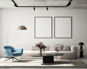 mock up poster frame in modern interior background, living room, Scandinavian style, 3D render, 3D illustration